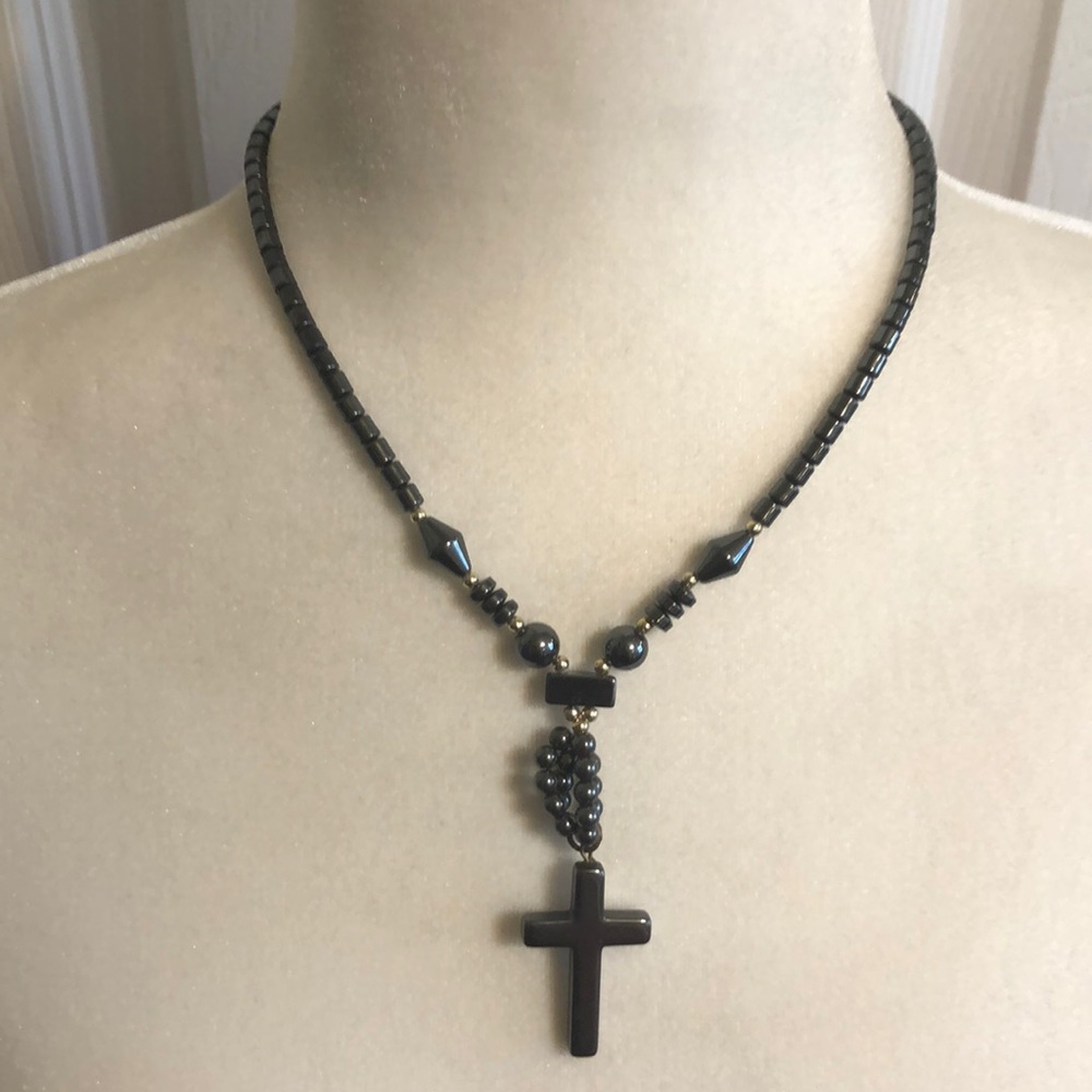 Vintage hematite cross necklace